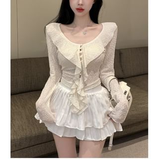 Ruffled Scoop-Neck Lace Crop Top with Button Front and Long Sleeves / Pleated Layered Mini A-Line Skirt High Waist