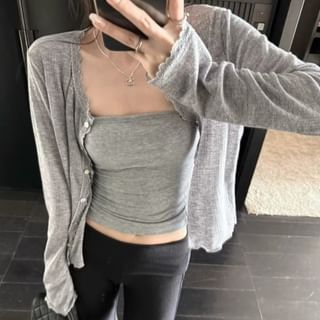 V-Neck Lace Trim Button-Up Cardigan
