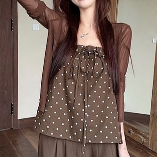 Dotted Bow Flowy Tube Top / Plain Cardigan / High Rise Wide Leg Pants
