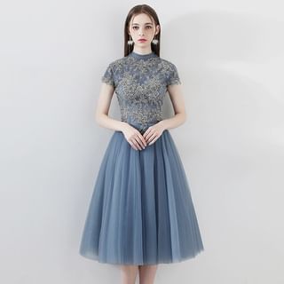 / Cocktail Lace Evening Short-Sleeve Dress Neck Panel Gown Mock