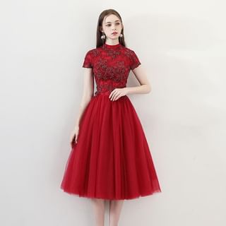 / Cocktail Lace Evening Short-Sleeve Dress Neck Panel Gown Mock