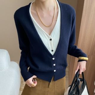 Two-Tone V-Neck Cardigan with Mock Layered Design