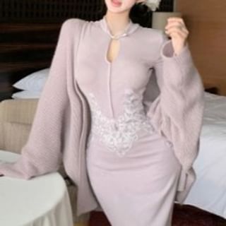Long-Sleeve Patterned Maxi Sheath Qipao / Plain Ribbed Open Front Cardigan