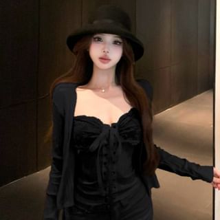 Solid Cardigan & Lace-Up Lace-Panel Cami Top Duo