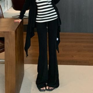 Striped Strapless Top, Asymmetrical Cardigan & Flared Pants Set