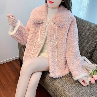 Lace Trim Floral Button-Up Fluffy Jacket