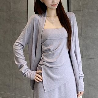 Plain Asymmetrical Slim Fit Cami Top / High Waist Maxi A-Line Skirt / Open Front Cardigan