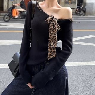 Leopard Bow Off-Shoulder Long Sleeve Blouse