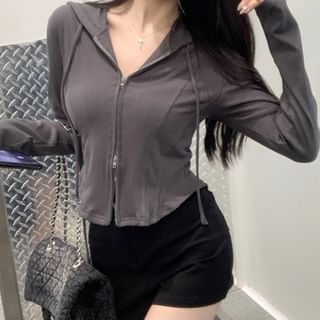 Zip-Up Paneled Plain Hooded Sweatshirt