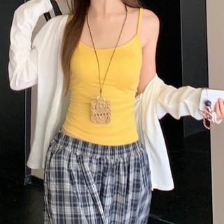 Plain Cami Top / Cardigan / High Rise Plaid Baggy Pants