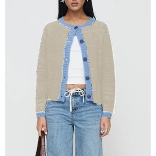 Long Sleeve Crew Neck Contrast-Trim Loose-Fit Cardigan