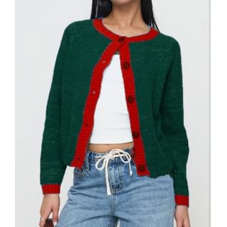 Long Sleeve Crew Neck Contrast-Trim Loose-Fit Cardigan