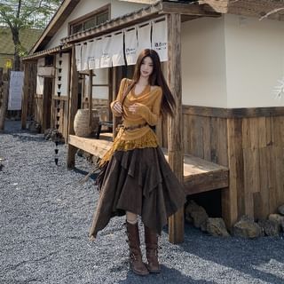Set: Cowl-Neck Crop Top, Lace-Panel Halter Top, Midi A-Line Skirt and Beaded Belt