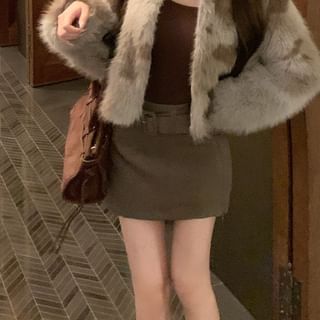 Collared Faux Fur Jacket / High Rise Plain Belted Mini Pencil Skirt