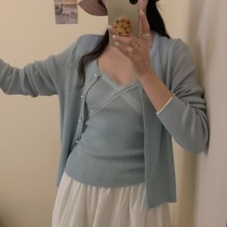 Lace Trim Ribbed Cami and Faux Pearl Cardigan Set