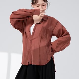 Sheer Solid Button-Down Shirt with Extended Sleeves