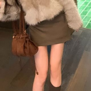Plain Fluffy Jacket + Belted Mini Pencil Skirt