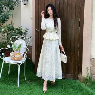 Long Sleeve Stand Collar Lace Peplum Blouse + Maxi Skirt Set