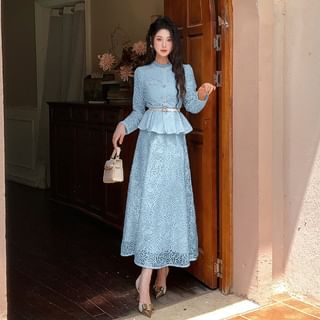 Long Sleeve Stand Collar Lace Peplum Blouse + Maxi Skirt Set
