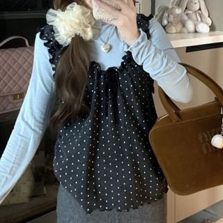 Mockneck Long Top & Dotted Ruffle Roundneck Tank Top Two-Piece