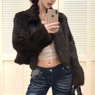 Collared Plain Faux Fur Jacket / Drawstring Waist Plain Knit Straight Leg Pants