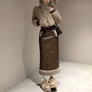 Rabbit Ear Faux Fur Jacket / Faux Leather Pencil Skirt / Set (Various Designs)
