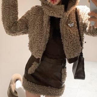 Rabbit Ear Faux Fur Jacket / Faux Leather Pencil Skirt / Set (Various Designs)