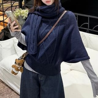 Chic Mock Neck Long-Sleeve Ribbed Tee & Batwing Cable Knit Sweater