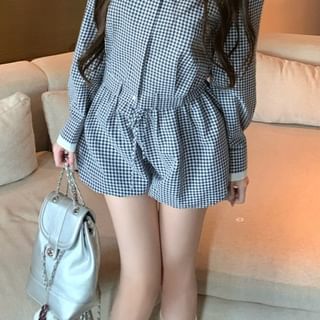 Classic Plaid Collared Long-Sleeve Shirt with High-Waist Denim Shorts