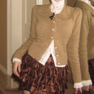 Lace Top, Collared Cardigan & Velvet Layered Mini Skirt Set