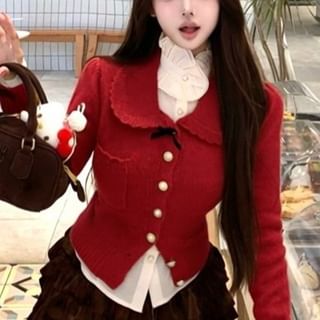 Lace Top, Collared Cardigan & Velvet Layered Mini Skirt Set