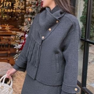 Button Wool Jacket - High Waist Mini A-Line Skirt