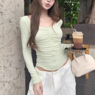 Cinched V-Neck Crop Top with Long Sleeves