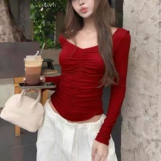 Cinched V-Neck Crop Top with Long Sleeves
