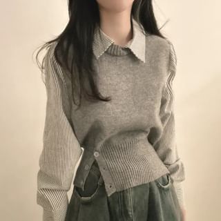 Pinstriped Mock Two-Piece Knit with Collar