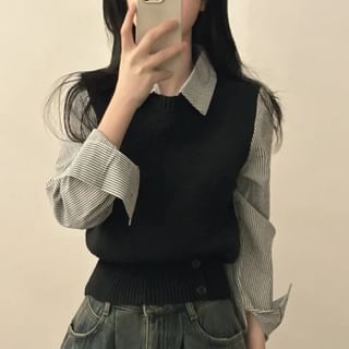 Pinstriped Mock Two-Piece Knit with Collar