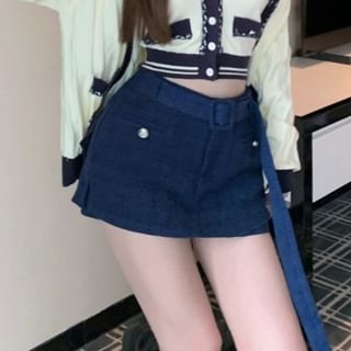 V-Neck Contrast Trim Buckled Button-Up Knit Crop Camisole Top / High Rise Plain Mini Pencil Skirt / Cardigan