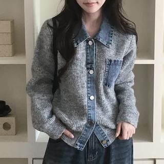 Collared Denim Panel Button Up Knit Jacket