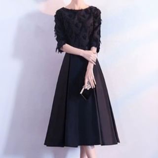 Short-Sleeve Lace Midi A-Line Evening Dress