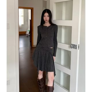 Round Neck Plain Cardigan / Mid Rise Asymmetrical Mini A-Line Skirt