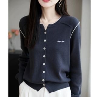 Round Neck Contrast Trim Button Up Cardigan
