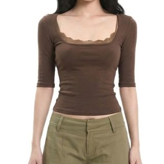 Lace-Trim Square-Neck Elbow-Sleeve Tee