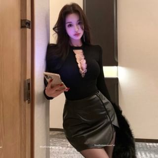 Crew Neck Lace Top & Faux Leather Mini Skirt
