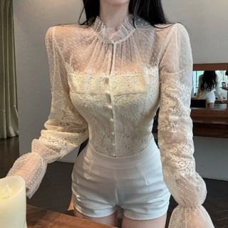 Stand Collar Lace Blouse & High Waist Shorts