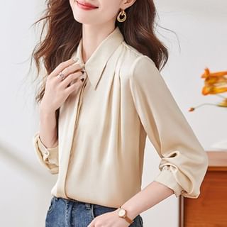 Silky Collared Long-Sleeve Satin Shirt
