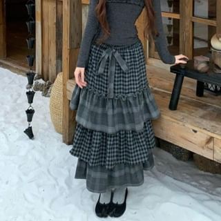 Gingham Tiered Midi A-Line Skirt Set with Tee & Frill Camisole