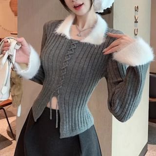 Two-Tone Ribbed Knit Collared Sweater