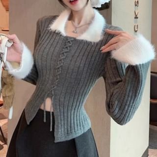 Two-Tone Ribbed Knit Collared Sweater
