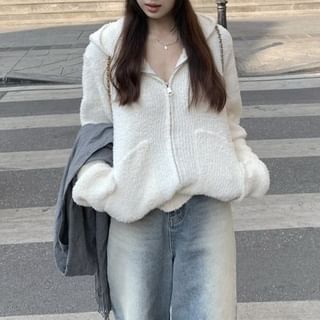 Zip-Up Knit Hoodie in Solid Color