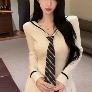 Collared Long Sleeve Sweater with Tie Detail and Pleated Mini Skirt